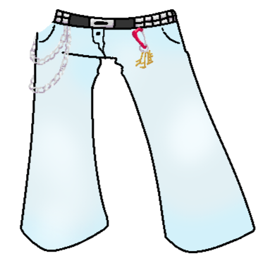 baggy light blue jeans with a silver studded belt, silver chains on the left side, and a carabiner with keys on the right side